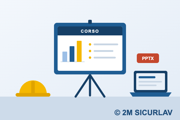 Materiale per formatori 2M SICURLAV: lavagna con slide del corso, portatile e file PPTX