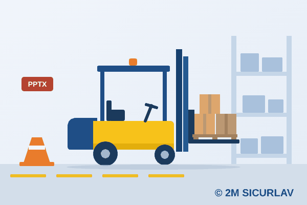 Slide sul corso carrelli elevatori 2M SICURLAV: carrello elevatore frontale che trasporta un pallet con scatole