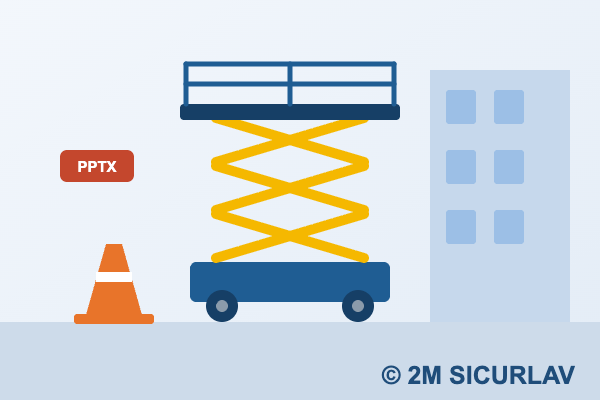 Slide sul corso PLE 2M SICURLAV: piattaforma di lavoro elevabile a pantografo accanto a un edificio
